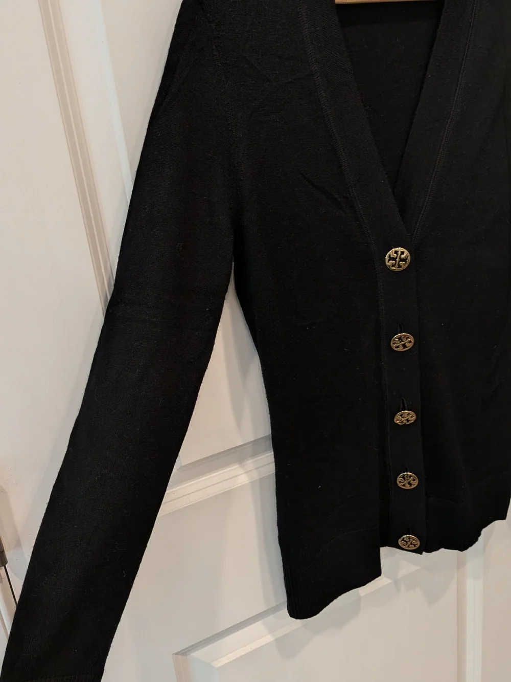 Tory Burch Black V-Neck Button-Front Cardigan with Gold Buttons